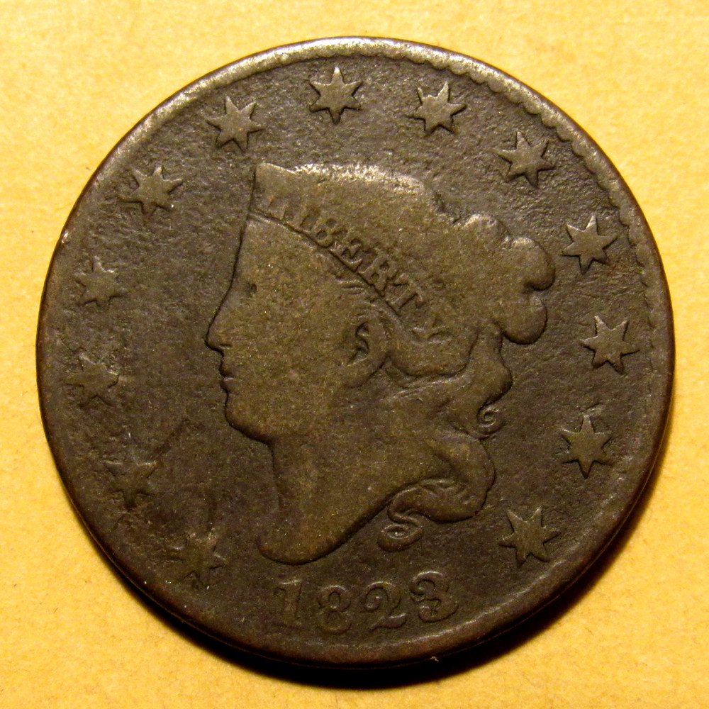 1823/2 CORONET LARGE CENT, VG ~ KEY DATE, PLEASING ISSUE-FREE ORIGINAL EXAMPLE