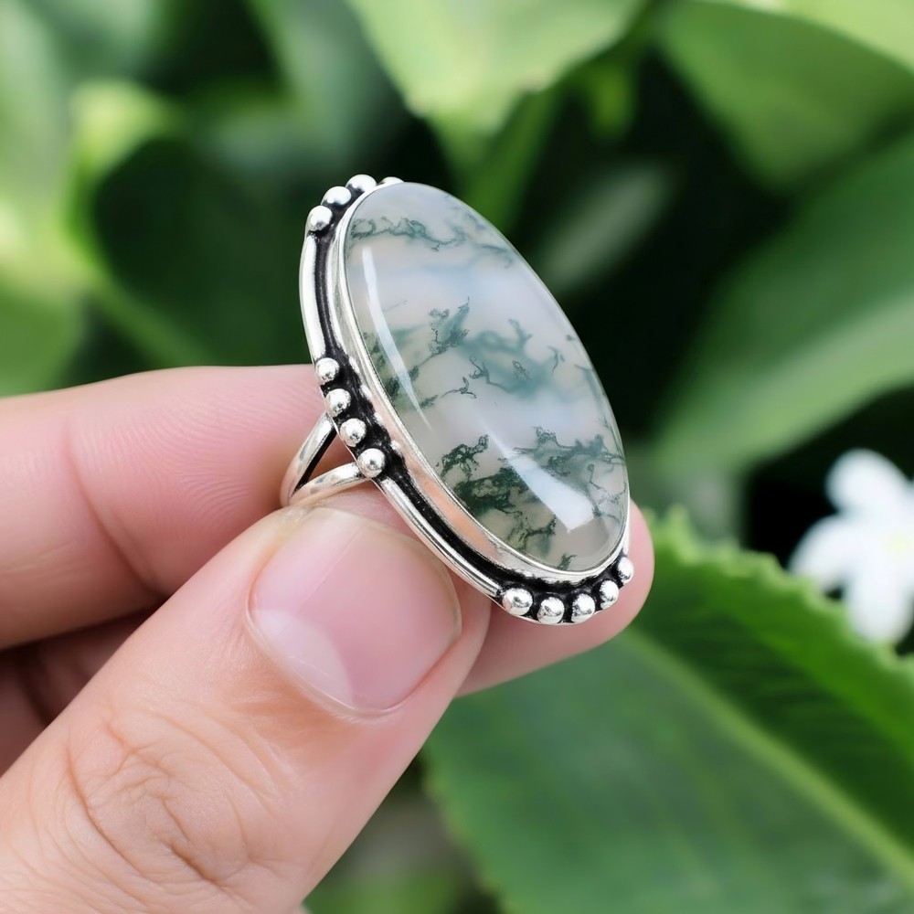 Moss Agate Gemstone Ring 925 Sterling Silver Ring Handmade Ring Womens Ring