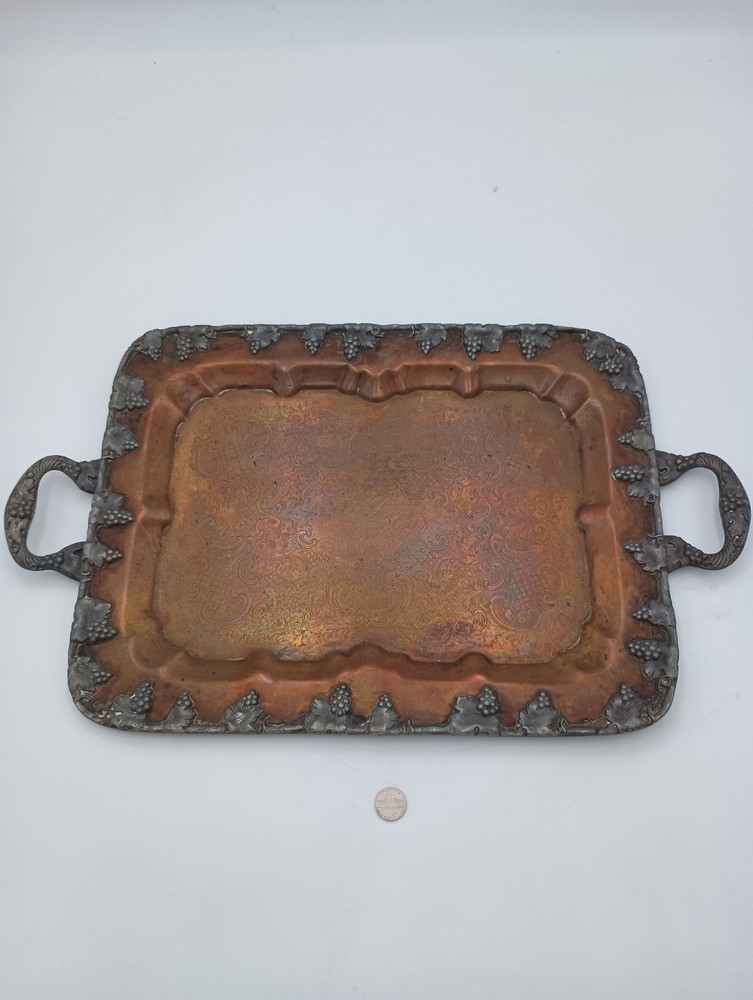 Antique Copper Handled Serving Tray Grapevine