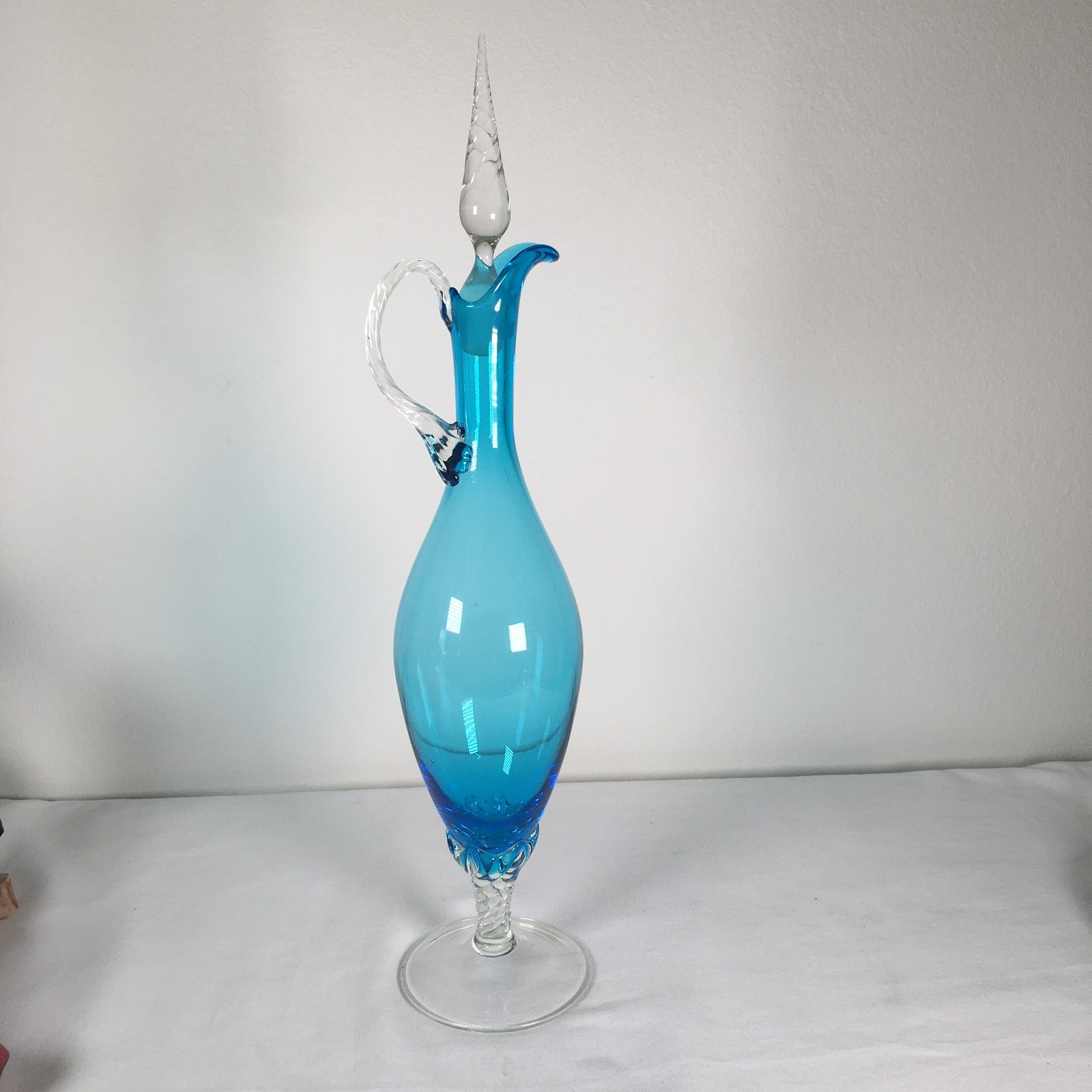 Vintage MCM Empoli Turquoise Glass Decanter w/Clear Flame Glass Stopper 20"