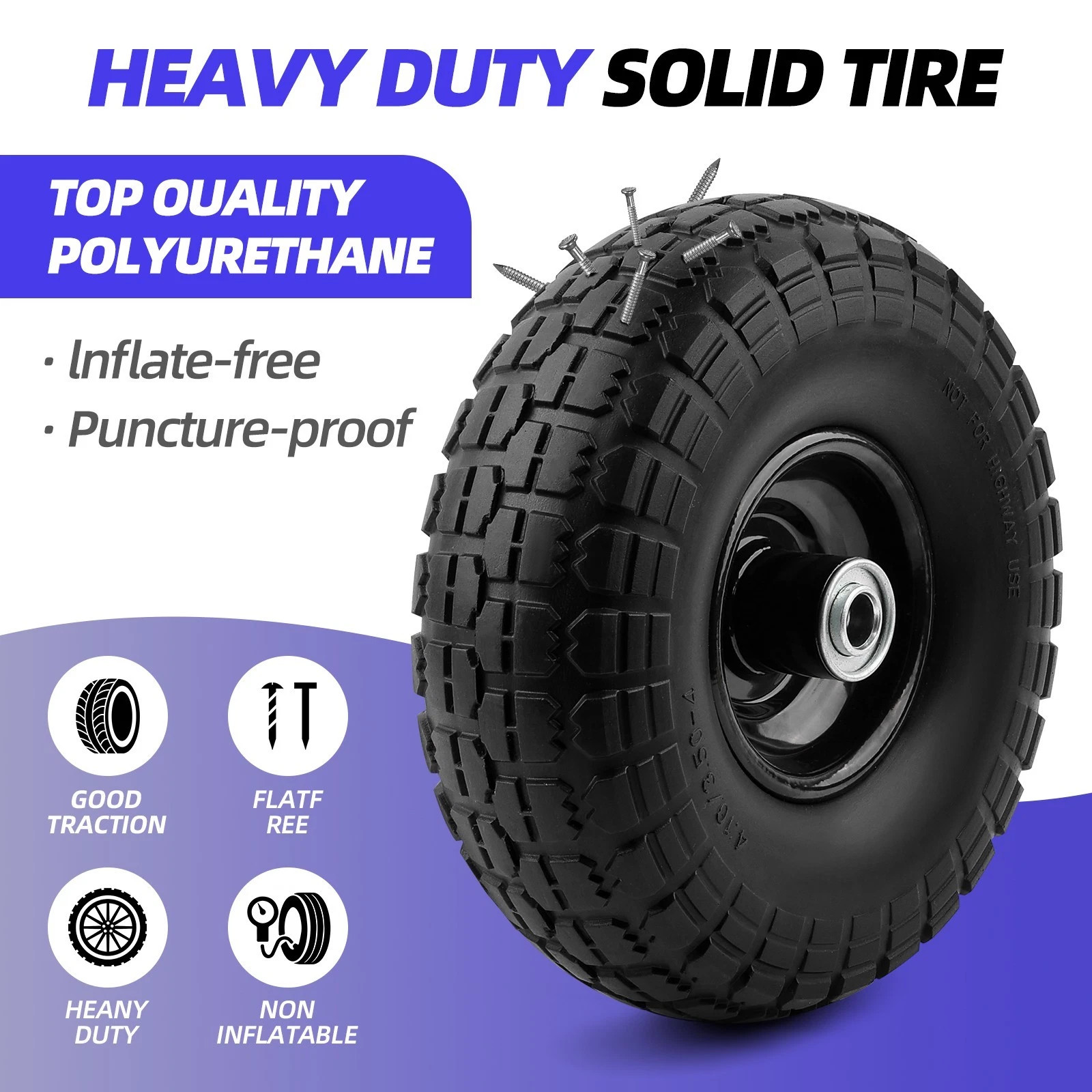 2PCS Upgrade 4.10/3.50-4 Flat Free Solid Rubber Tire and Wheel, 10" Solid Tires