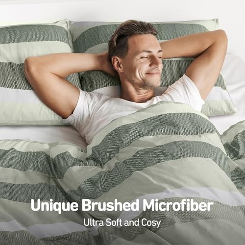 Comforter Set, 3 Pieces Striped Bed Set, Soft Brushed Microfiber King Sage