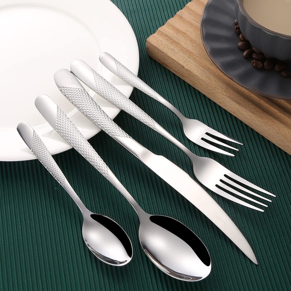 Silver Hammered Silverware Set for 6 Rustproof Stainless Steel Flatware Cutle...