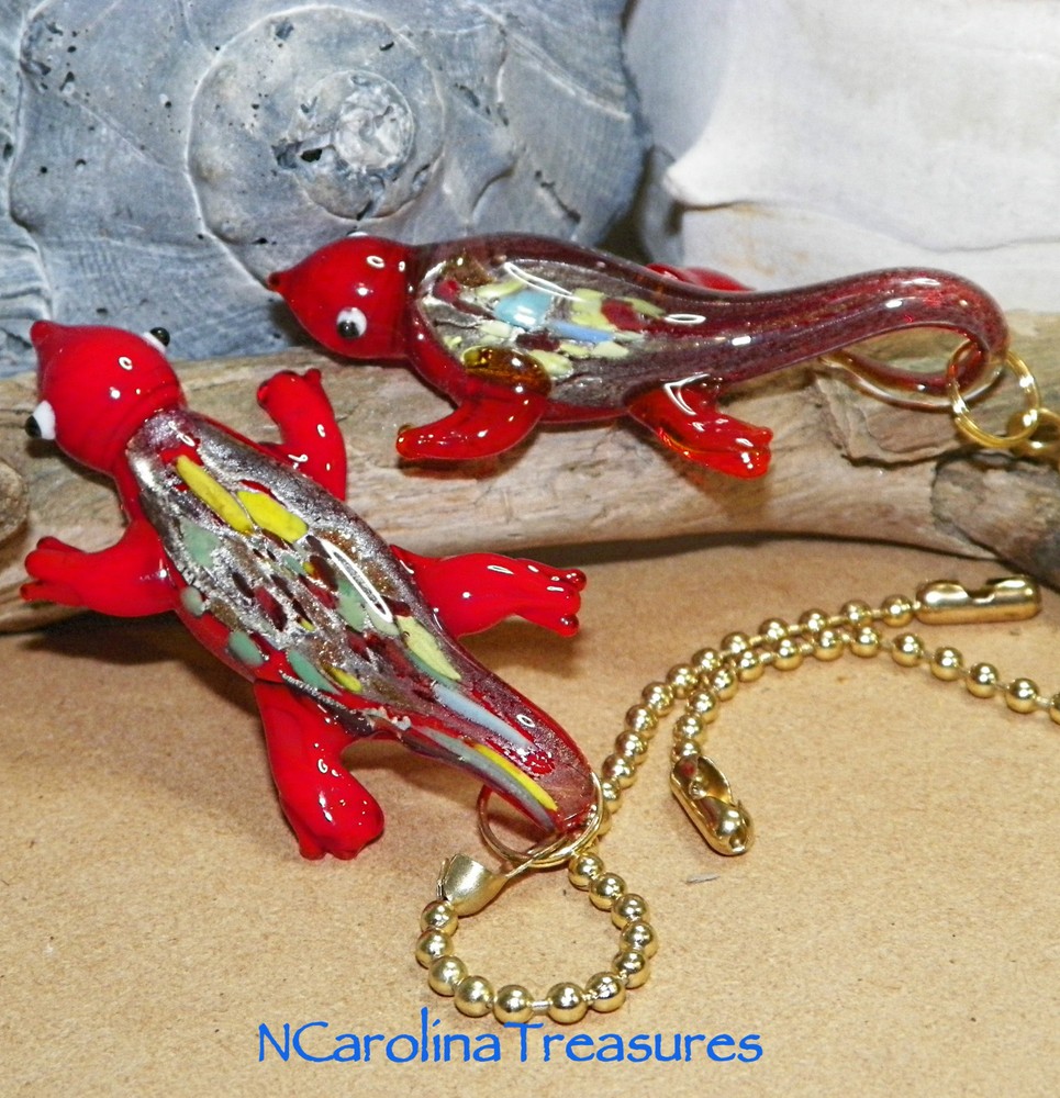 GLASS CEILING FAN SWITCH PULL RED MULTICOLORED LIZARD GECKO SALAMANDER LG PAIR