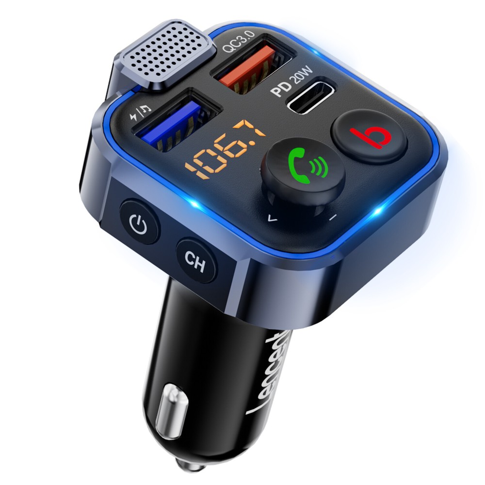 LENCENT Bluetooth 5.0 Car Wireless FM Transmitter Adapter 2 USB PD Charger