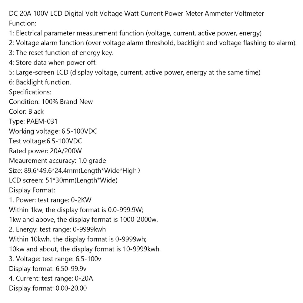 DC 20A 100V LCD Digital Volt Voltage Watt Current Power Meter Ammeter Voltmeter·
