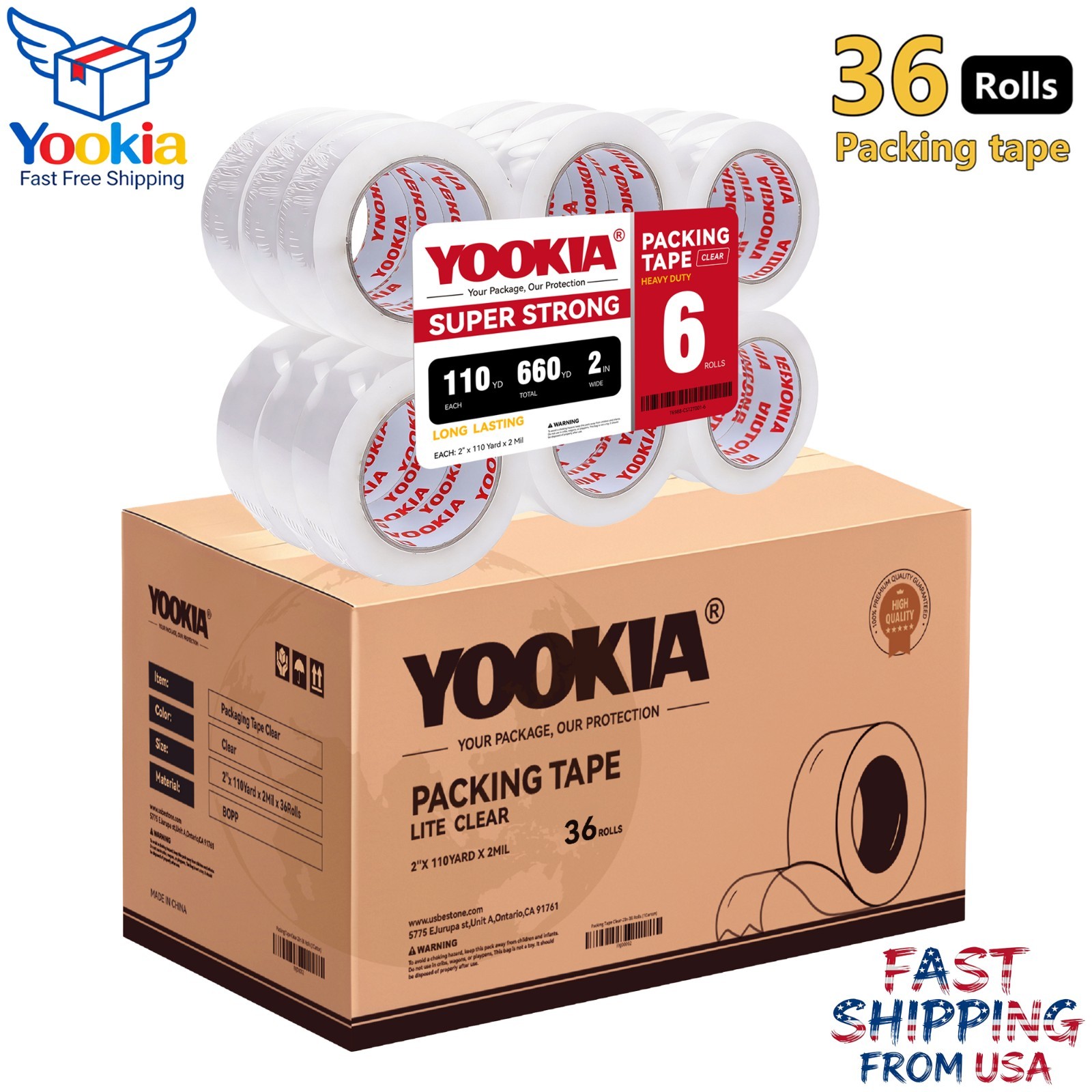 36 Rolls Shipping Packaging Box Packing Sealing Tape 2 mil 2" x 110 Yards 330FT