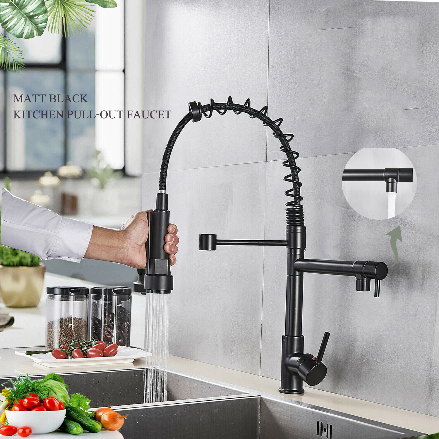 Matte Black Kitchen Faucet Pull Down Sprayer Swivel Single Handle Sink Mixer Tap