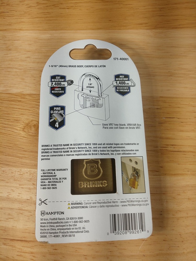 Brinks High Security Keyed Different Padlock Brass 40mm 171-40001