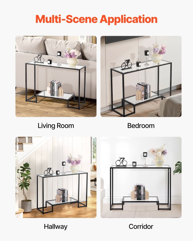 [New]2-Tier Glass Console Table, Modern Rectangle Sofa Side Table with Tempered