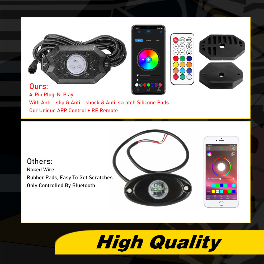 RGB LED Rock Lights 8-Pods Wireless Bluetooth Music Multi Color ATV UTV 4WD RZR