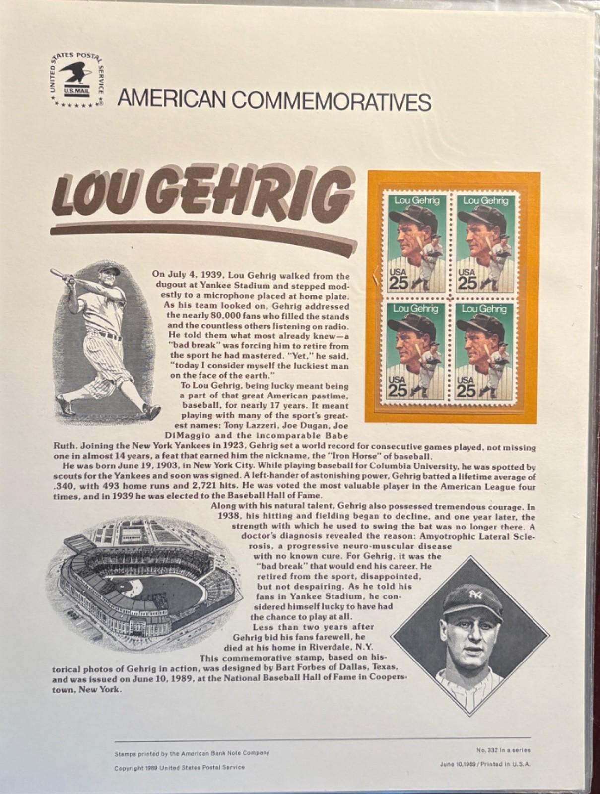 #2417 Lou Gehrig USPS Commemorative Panel