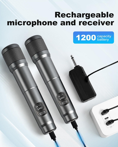 Wireless Microphone, Dual Handheld Dynamic Mic with Rechargeable Silver