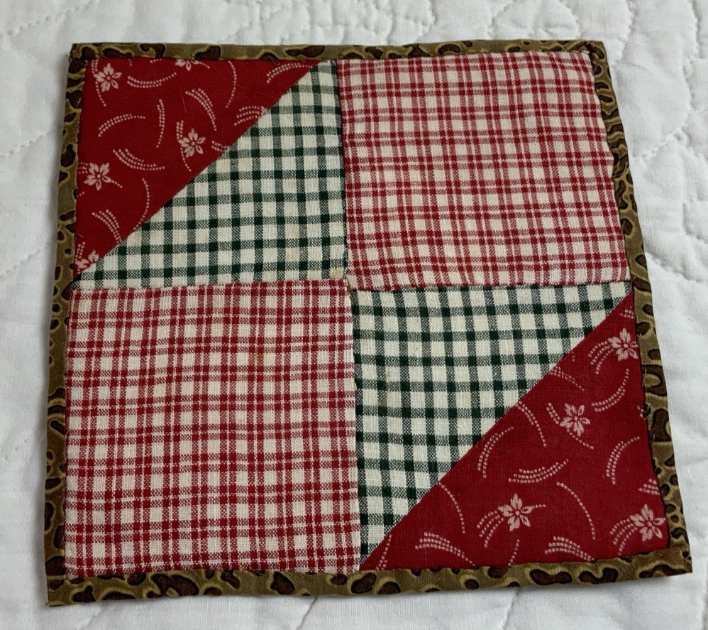 Antique Patchwork Quilt Table Topper, Four Patch, Early Calicos, Checks, Red