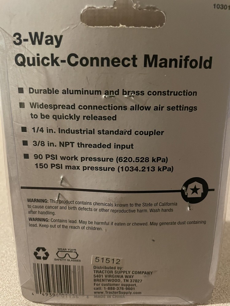 Three-way Quick Connect Pneumatic Manifold. New