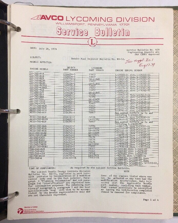 Lycoming Servce Bulletins ,Letters and Instructions 1973 Original