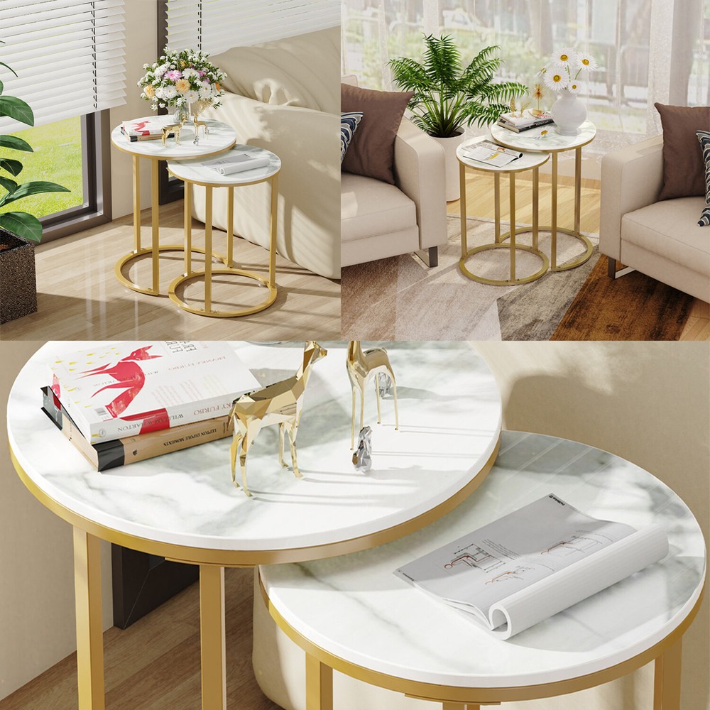 Real Marble 2 Pack Nesting Coffee Side Table Home Tea Desk Round Metal Stacking