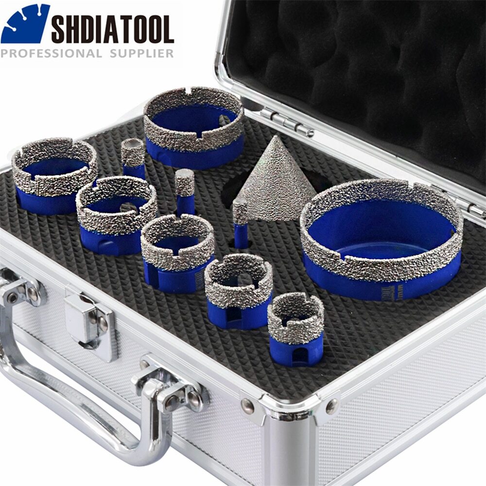 11pcs Diamond Drilling Bits Kit Triangle Shank Drill Crowns+50mm Chamfer Taper