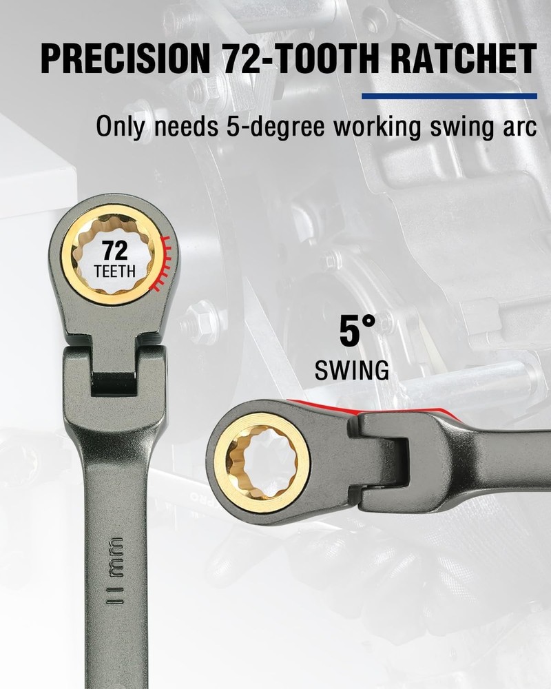 11mm Flex-Head Ratcheting Wrench - Compact, Durable, and Precise
