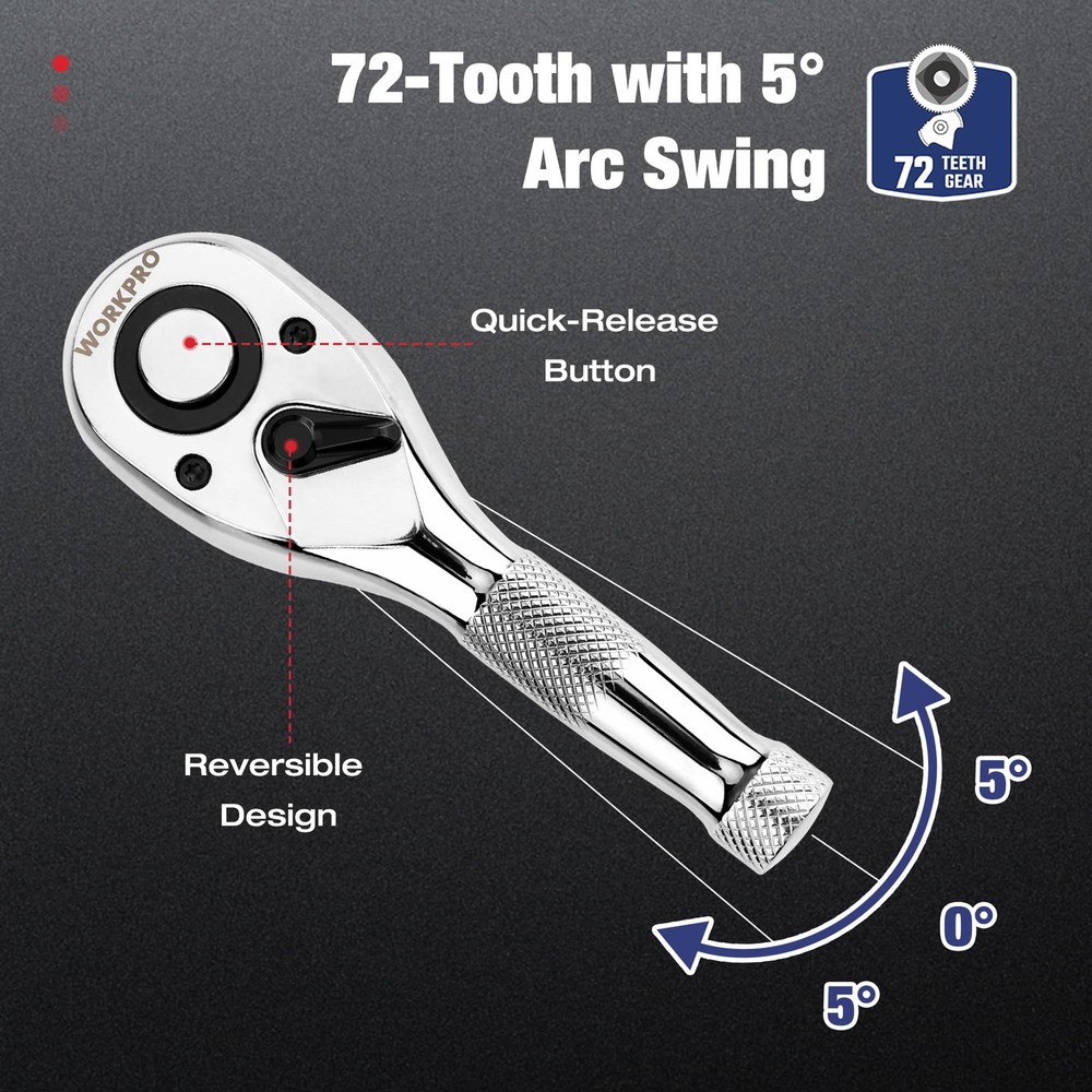 WORKPRO 3-Piece Stubby Ratchet Set, Quick Release 3pc ratchet set, Silver