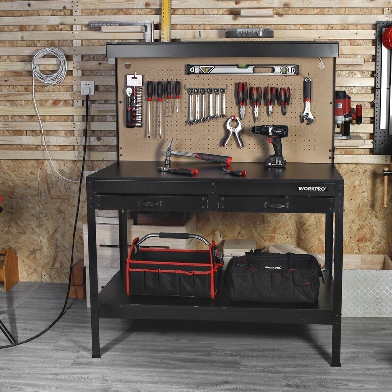 Multi-Purpose 48 Inch Workbench with Storage Light Pegboard Tool Organizer