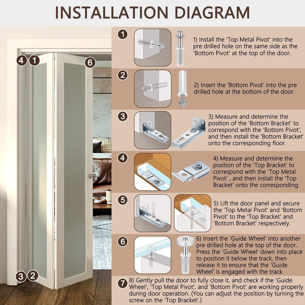 2 Pack Bifold Door Hardware Replacement Kit Top Bottom Bracket Pivot Guide Wheel
