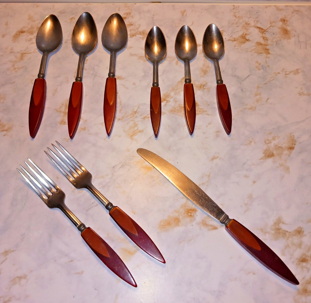 ~Bakelite Catalin 9-Pc Cherry Red & Butterscotch Inlaid Flatware 1930's~