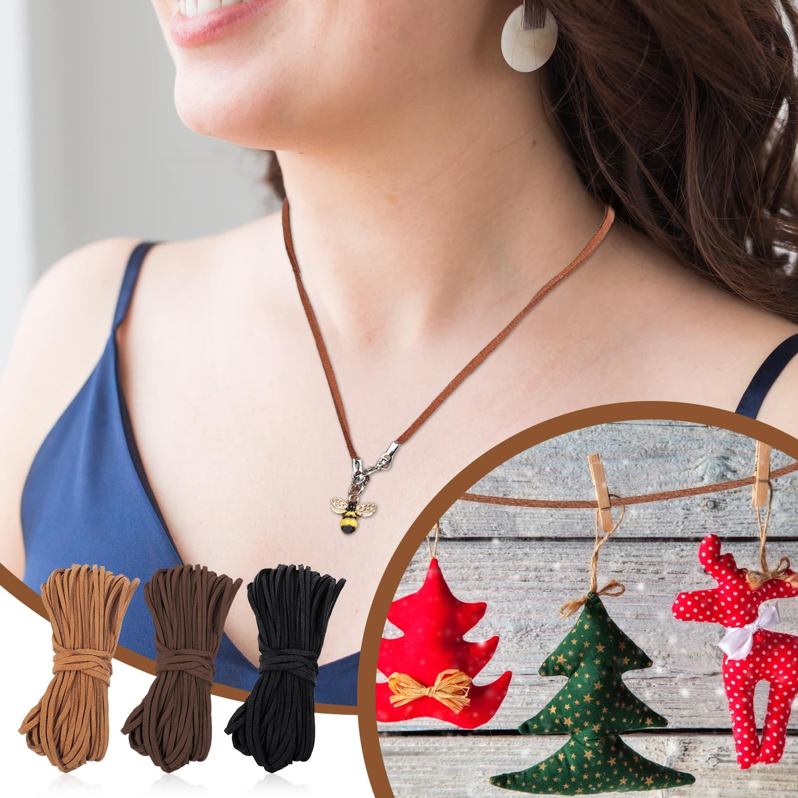 32.8 Yards 3 Bundles 3mm Leather String, Natural Flat Suede Black