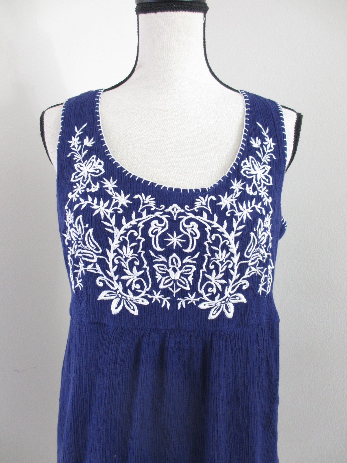 Navy Blue Applique Embroidered Sun Dress Women's 14 Sleeveless Gauze Cotton Boho