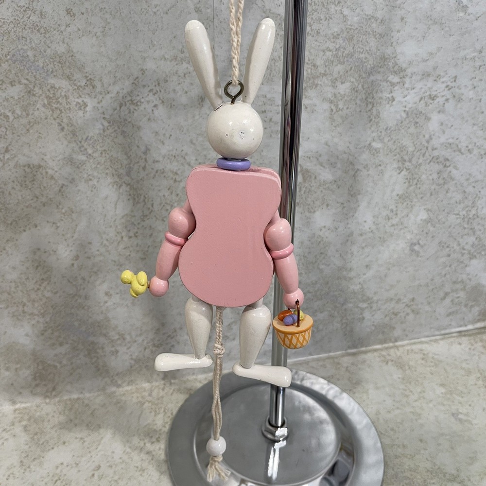 Vintage Wooden Easter Rabbit Bunny Pull-String Toy Jumping Puppet 7.5” H