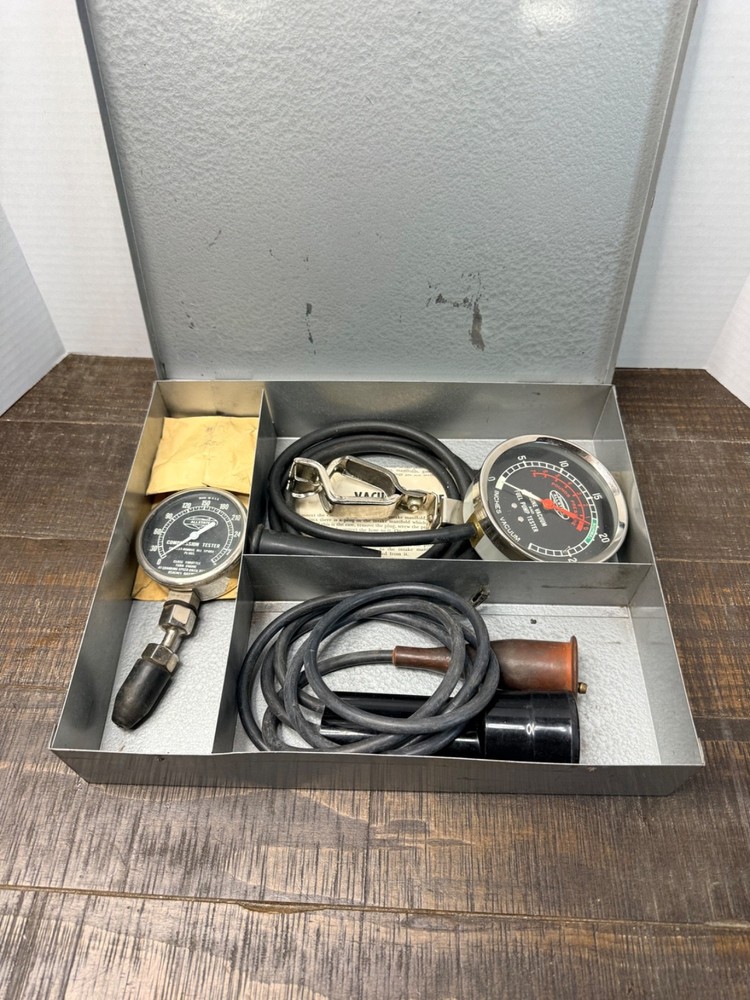 Vintage Sears Allstate Compression Tester & Vacuum Gauge Kit w/ Case & Manuals