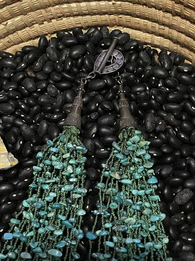 Sterling Silver Layered Multi strand Turquoise Chips Necklace Large Cones Toggle