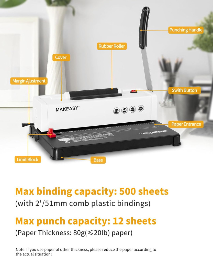 Spiral Binding Machine, 12 Sheets Punch Capacity, Electric Coil Insert, Book Bin