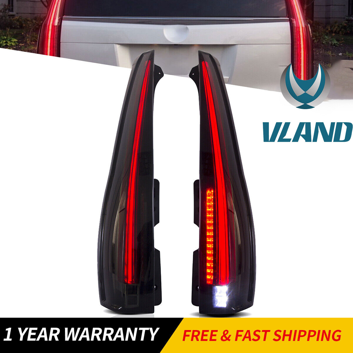 VLAND FULL LED Tail Lights Fit 2007-2014 Yukon Suburban Tahoe SMOKED LENS Pair