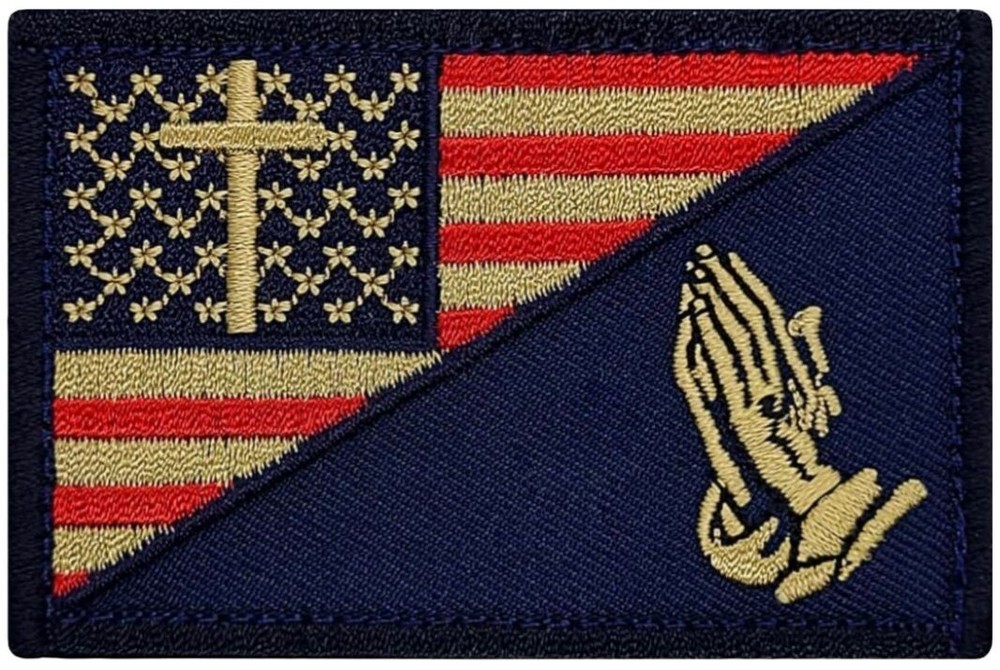 Praying Hand Cross USA Flag Subdued Patch ||2PC Hook Backing 3"x2"