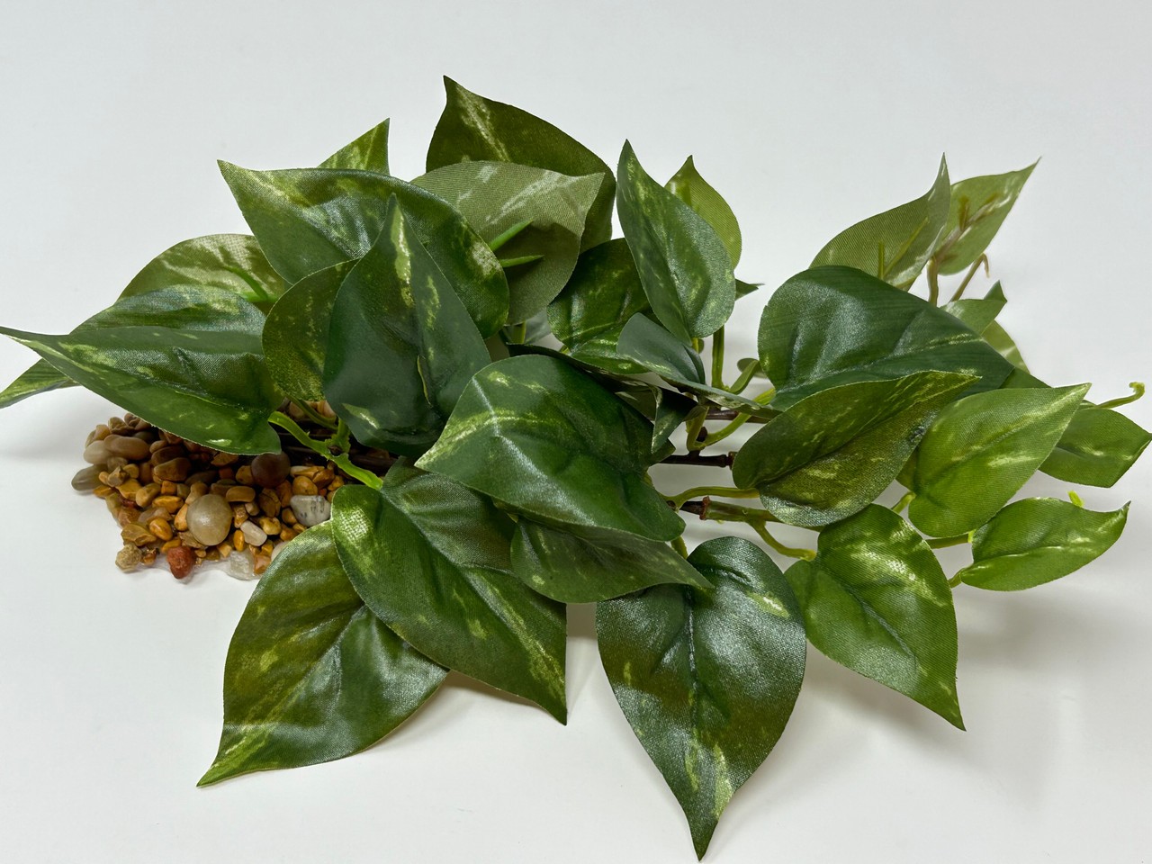 8" LONG, LOW Green/White POTHOS Bush, soft silk aquarium plant, stone base, Gold