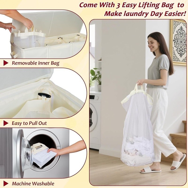 Large 150L Laundry Hamper W/ Lid 2 Section Compartment Durable Storage Basket US