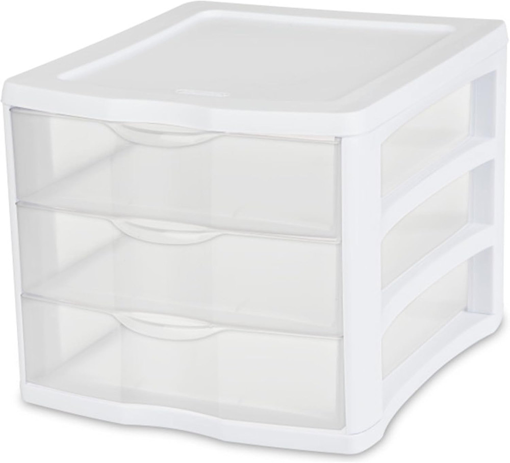 4-Pack 3 Drawer Unit, Stackable Plastic Organizer with Drawers, White Frame - Mu
