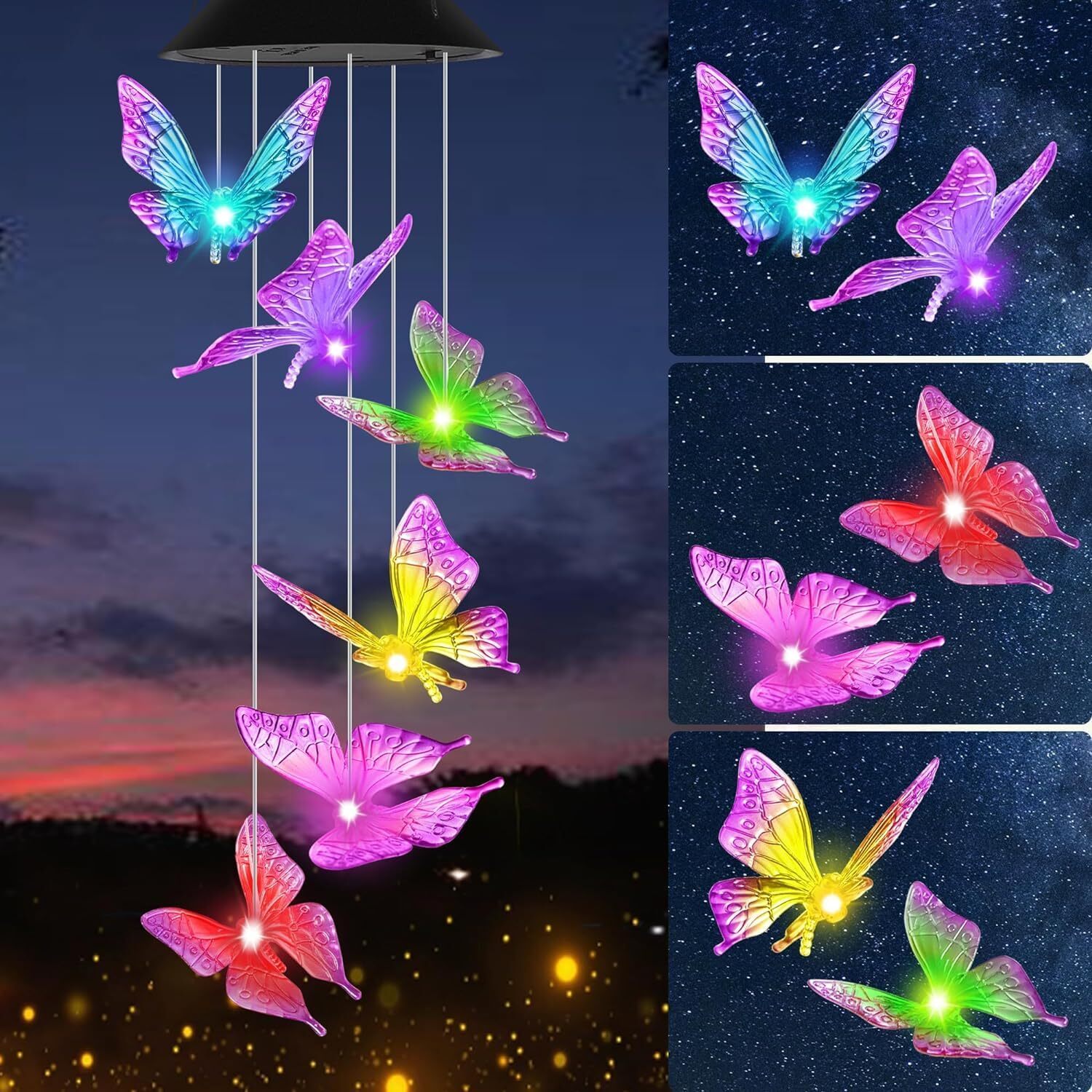 Solar Wind Chimes Lights LED Color Changing Hanging Butterfly Garden Decor Lamp