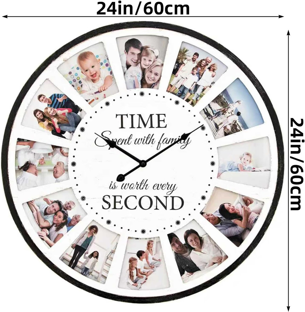 Large Wall Clock with Picture Frames Collage, Vintage Rustic Clock a - White