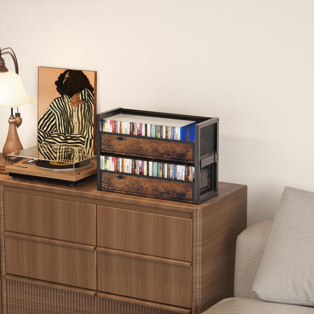 2-Tier CD Holder with Fabric Wood Grain Texture, Stackable CD Storage Case and B