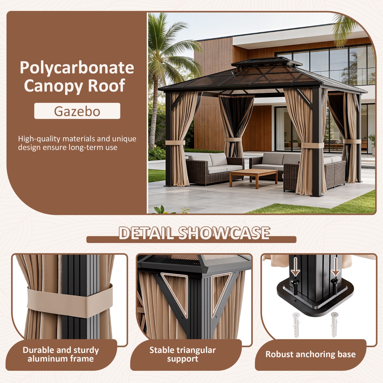 10 ft. x 12 ft. Outdoor Polycarbonate Double Roof Gazebo with Aluminum Frame