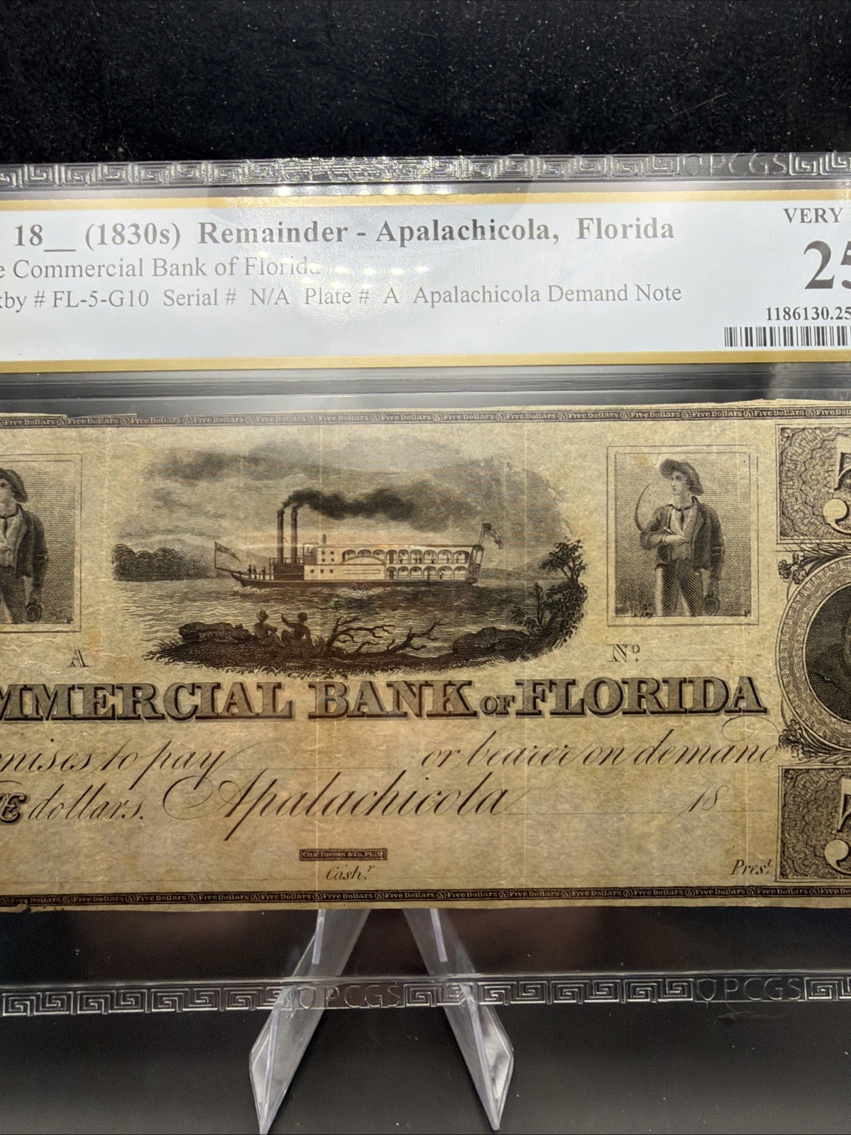 1830s APALACHICOLA, FLORIDA $5 COMMERICAL BANK OF FLORIDA NOTE PMG VERY FINE 25
