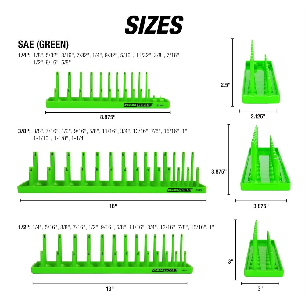 ABS Plastic Socket Tray Set, 1/4", 3/8", 1/2" Drives