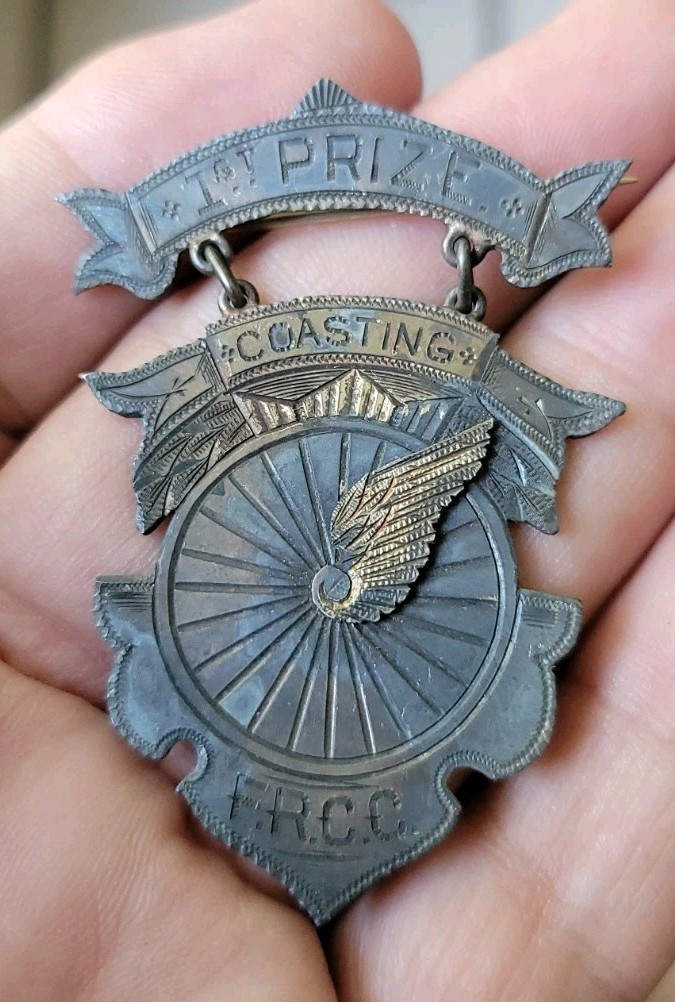 Antique Bicycle COASTING 1st Prize Award Medal Pin Sterling Silver 1800s RARE