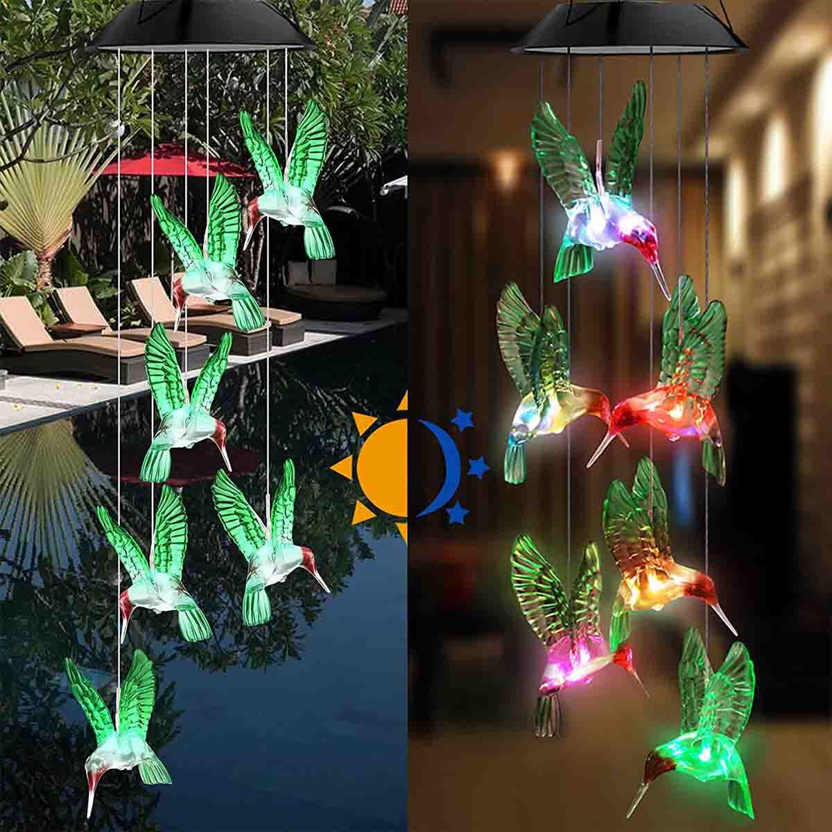 Hummingbird Wind Chime Color-Changing Solar Powered LED Lights Yard Garden Decor