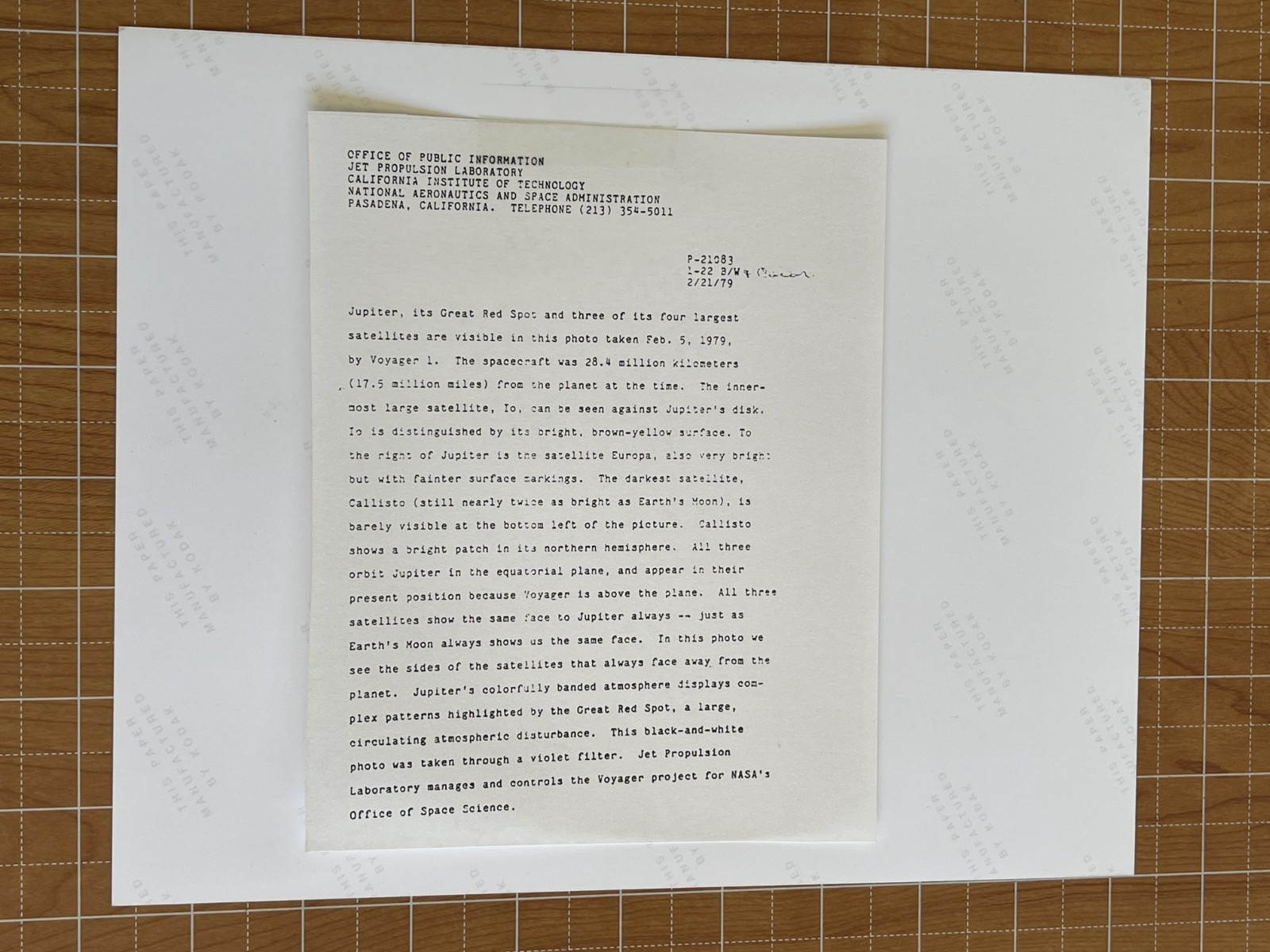 VINTAGE SPACE NASA PHOTO JUPITER VOYAGER JPL KODAK PAPER