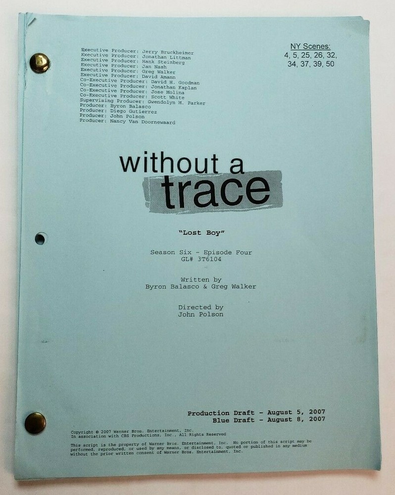 WITHOUT A TRACE / Byron Balasco 2007 TV Script, Poppy Montgomery "Lost Boy"