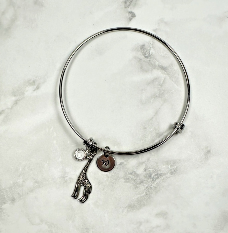 Silver Tone Adjustable Bangle Bracelet with Giraffe & "W" Dangles - 6.5"