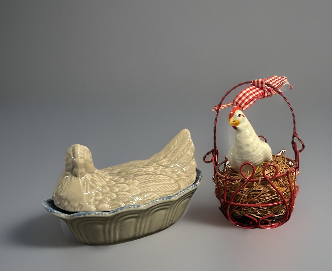 Vintage Gray And Blue Hen On A Nest•Porcelain Chicken On Nest In Wire Basket•EUC